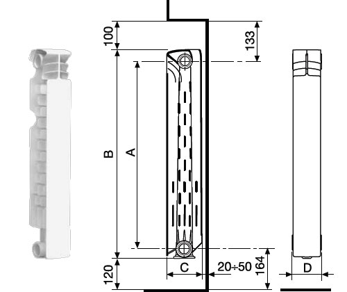 Схема размеров стандартного алюминиевого радиатора.