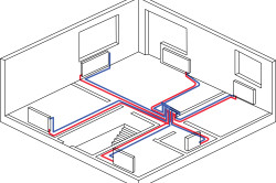 Схема горизонтальной двухтрубной коллекторной системы отопления